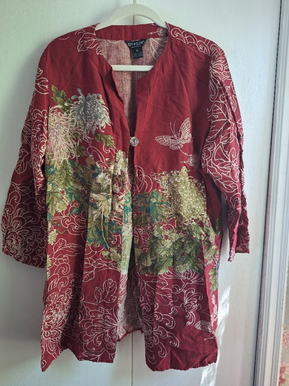 Citron Santa Monica Women’s XL Red Floral Butterfly Asian Inspired Tunic Jacket